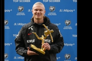 荣膺欧洲世预赛最佳射手，哈兰德社媒晒与奖杯合照